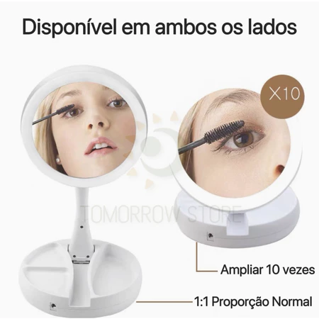 Espelho De Maquiagem Com Luz Dobrável Portátil Articulado 10x Aumento